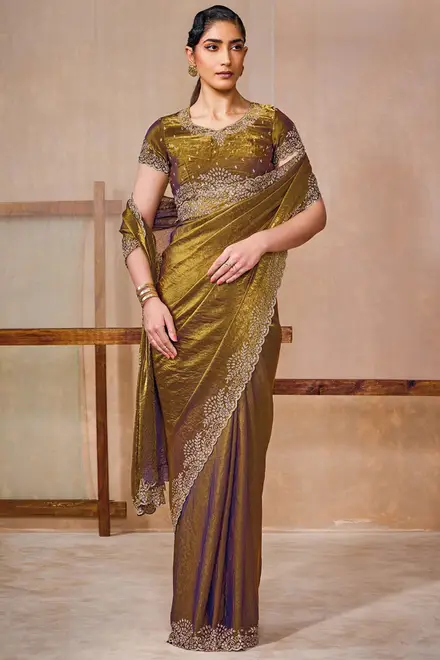 Olive Fendi Satin Embellished Saree With Stone Work